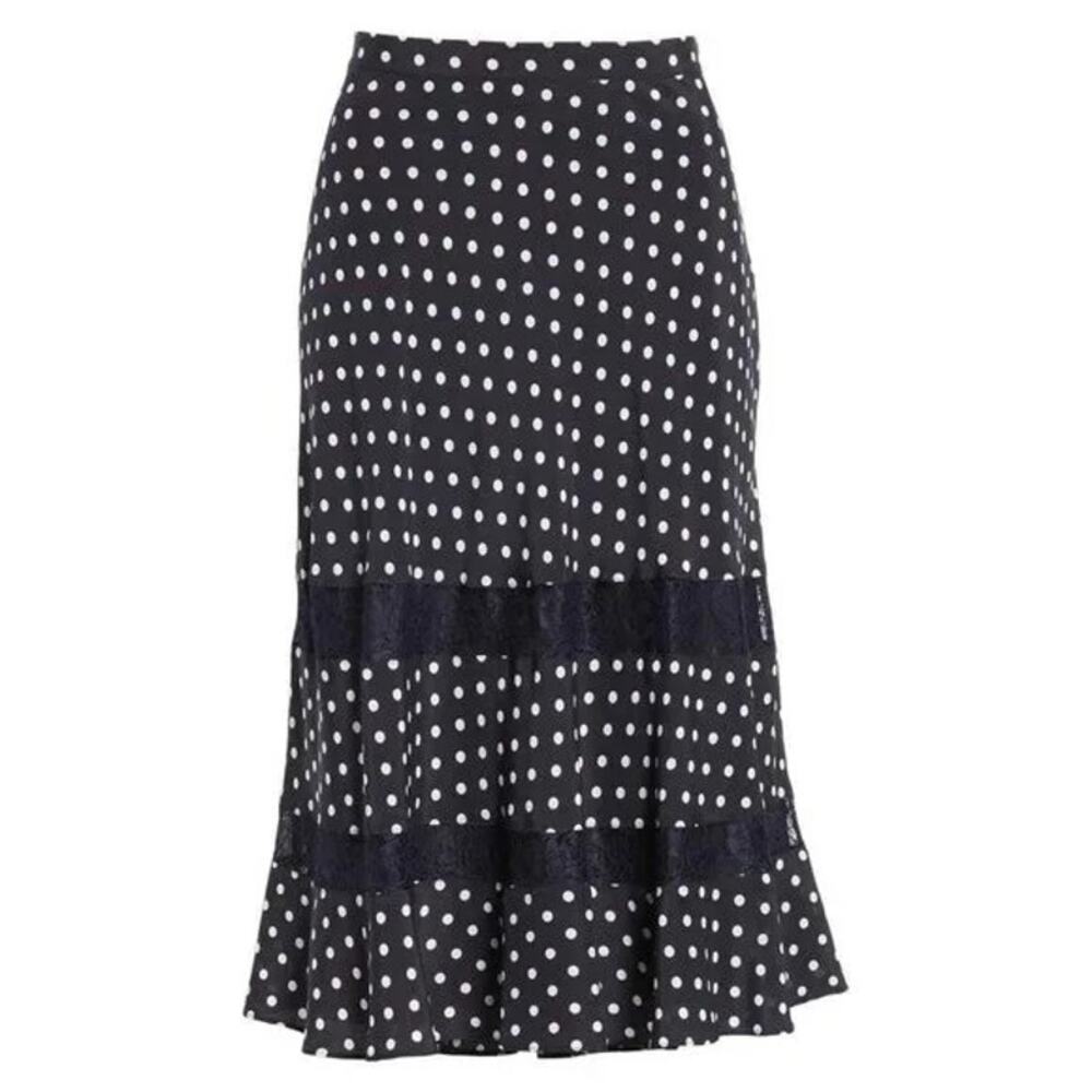 Lewit Silk Polka Dot Lace Trim Navy Blue A‎ Line Midi Skirt Size 16 Retail $299